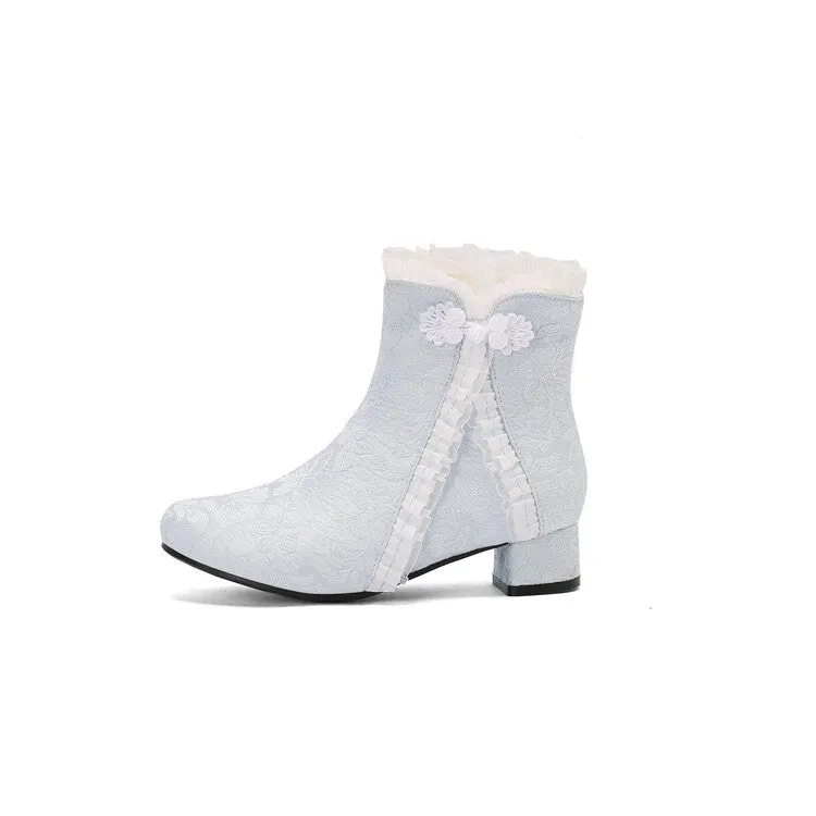 Women's Embroider Bows Lace Block Heel Ankle Boots