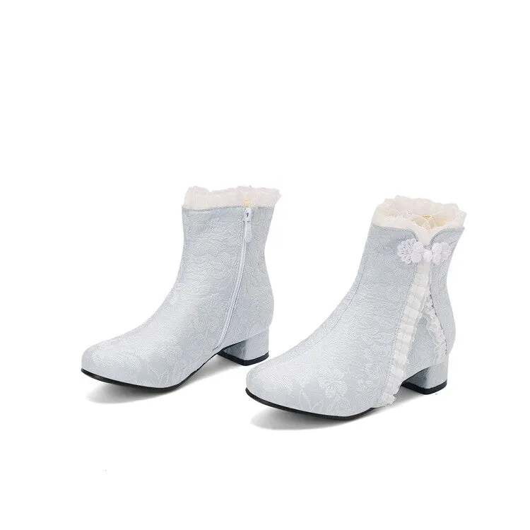 Women's Embroider Bows Lace Block Heel Ankle Boots