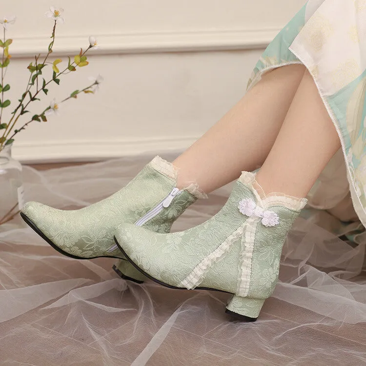 Women's Embroider Bows Lace Block Heel Ankle Boots