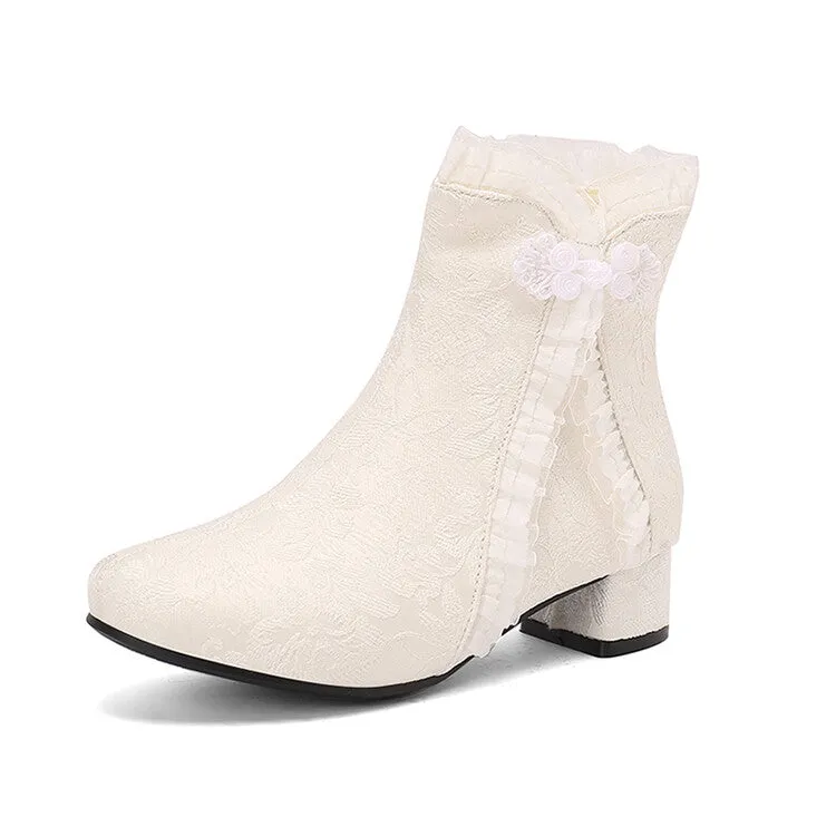 Women's Embroider Bows Lace Block Heel Ankle Boots