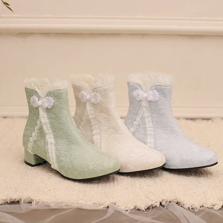 Women's Embroider Bows Lace Block Heel Ankle Boots