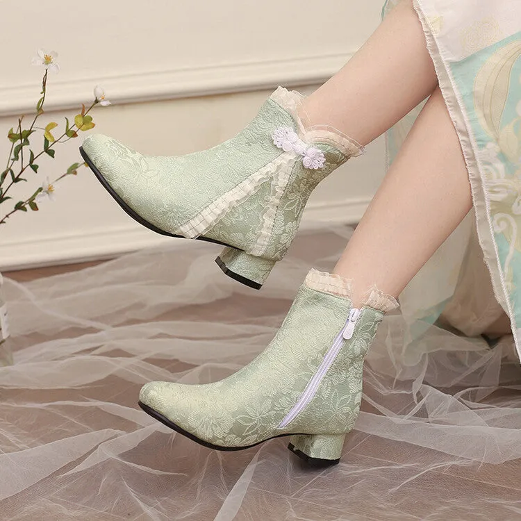 Women's Embroider Bows Lace Block Heel Ankle Boots