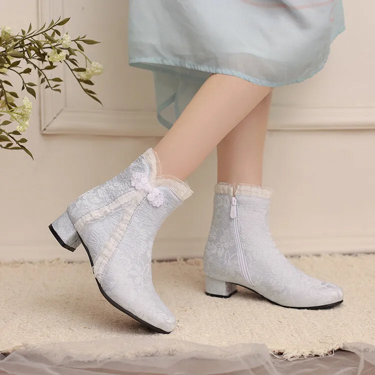 Women's Embroider Bows Lace Block Heel Ankle Boots