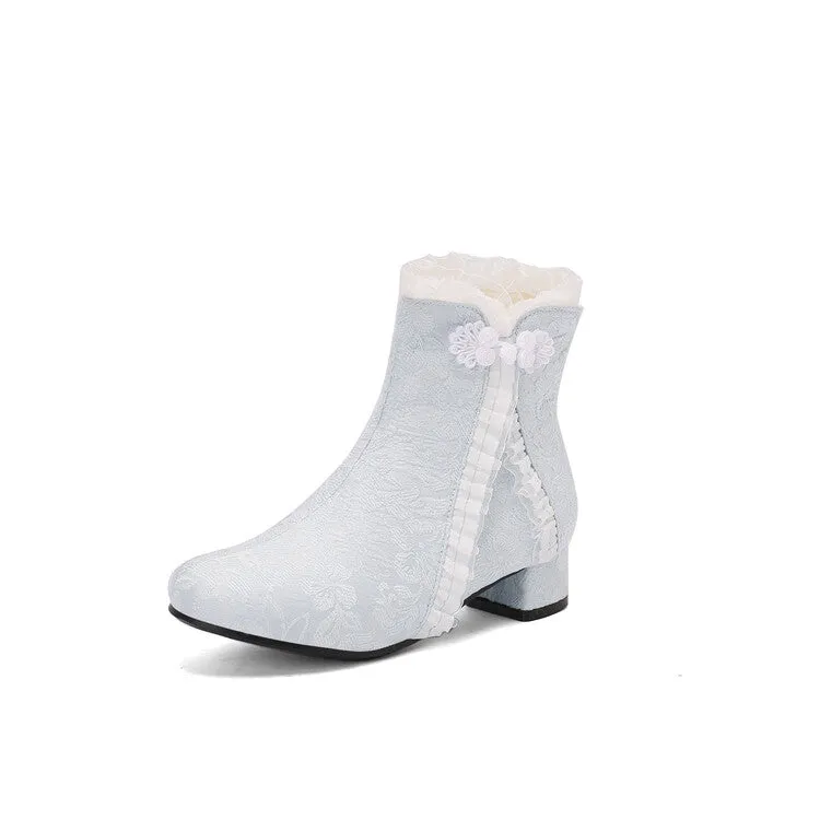 Women's Embroider Bows Lace Block Heel Ankle Boots