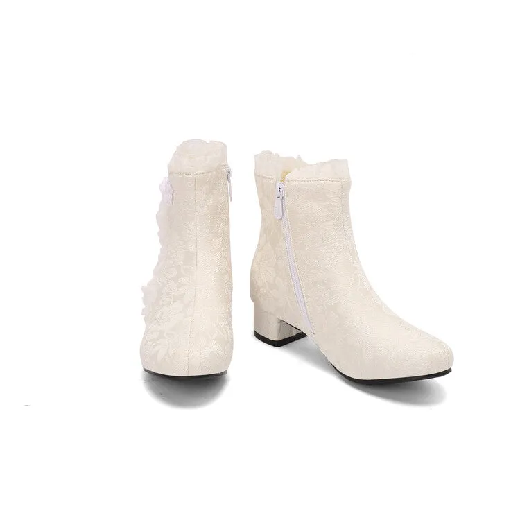 Women's Embroider Bows Lace Block Heel Ankle Boots