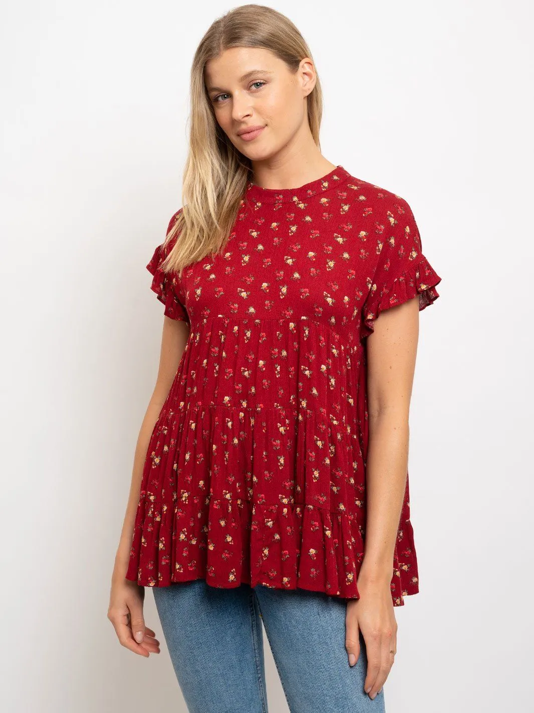 WOMEN'S FLORAL BABY DOLL WITH RUFFLE SLEEVE TOP