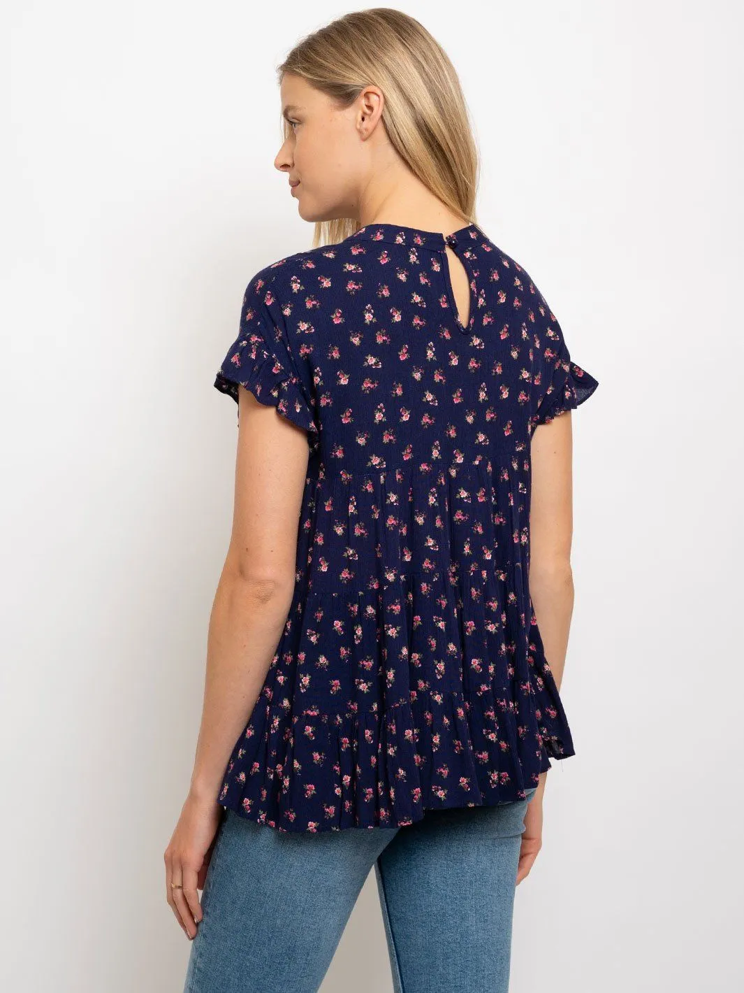 WOMEN'S FLORAL BABY DOLL WITH RUFFLE SLEEVE TOP