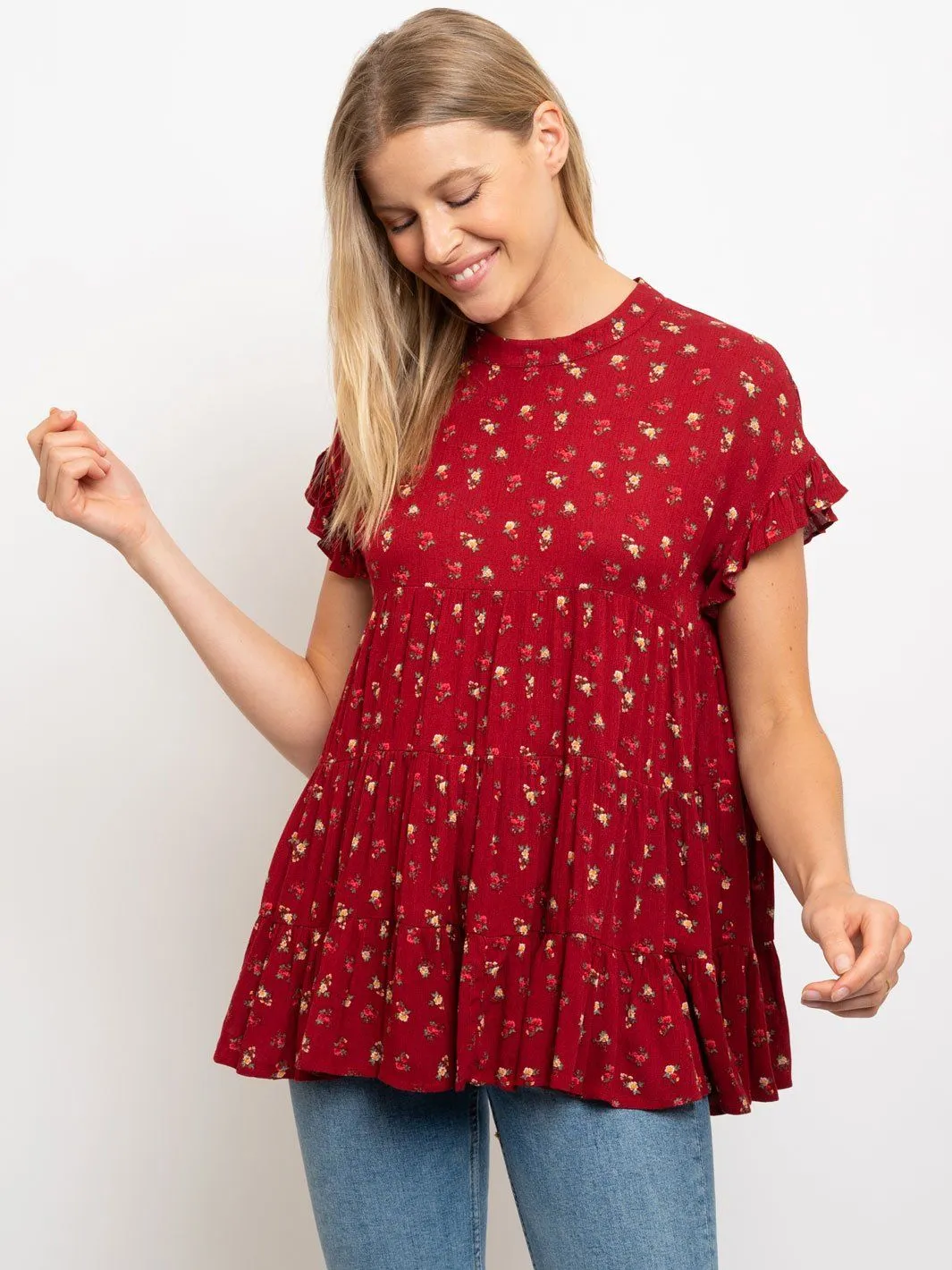 WOMEN'S FLORAL BABY DOLL WITH RUFFLE SLEEVE TOP