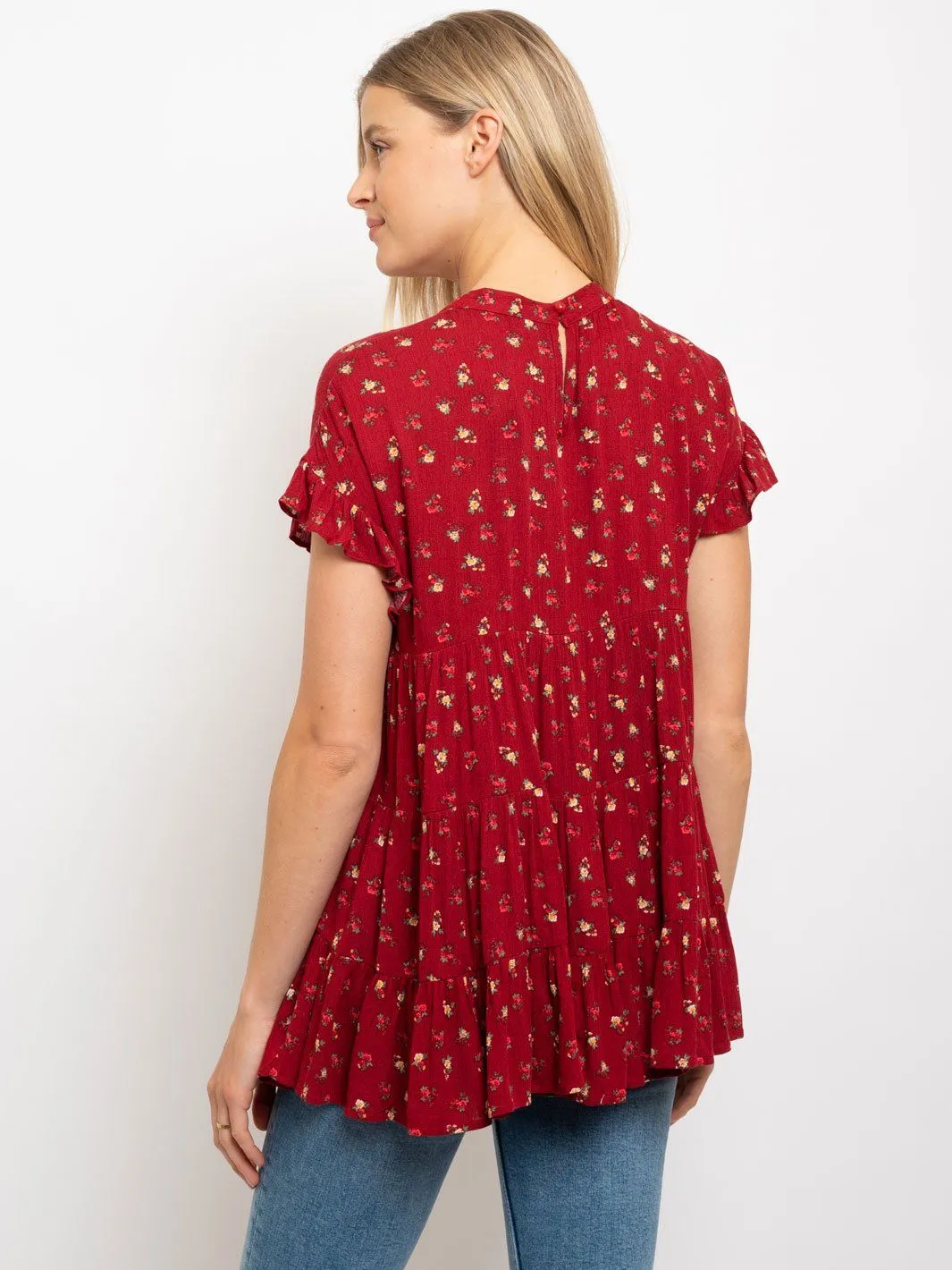 WOMEN'S FLORAL BABY DOLL WITH RUFFLE SLEEVE TOP