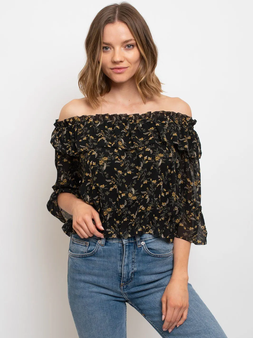 WOMEN'S FLORAL CHIFFON OFF THE SHOULDER CROP TOP