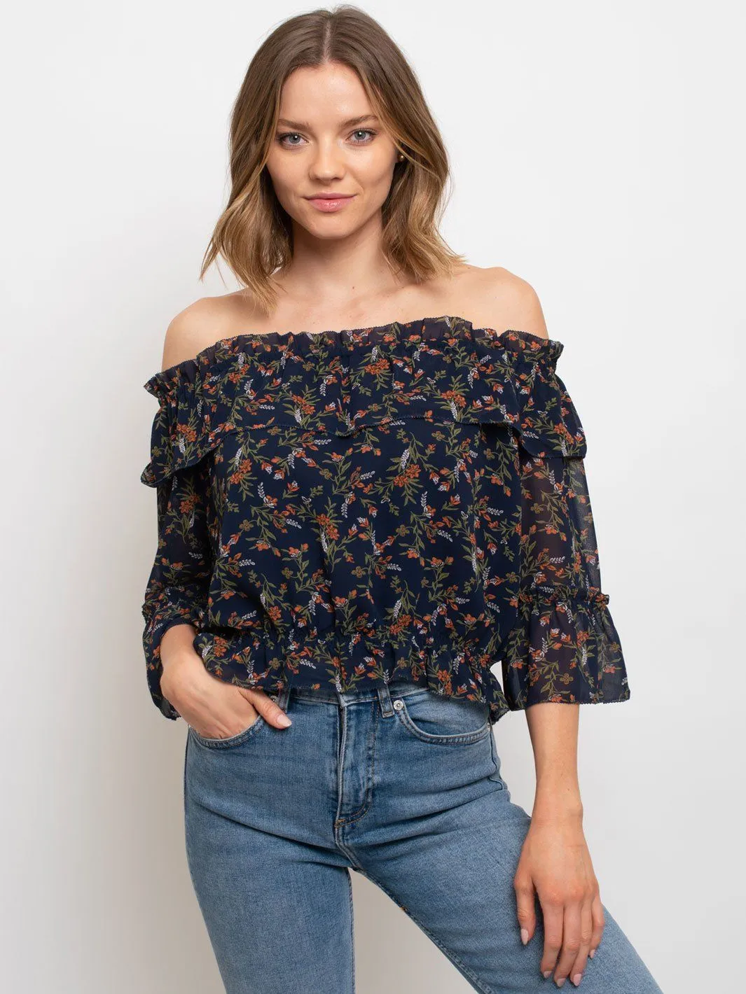 WOMEN'S FLORAL CHIFFON OFF THE SHOULDER CROP TOP