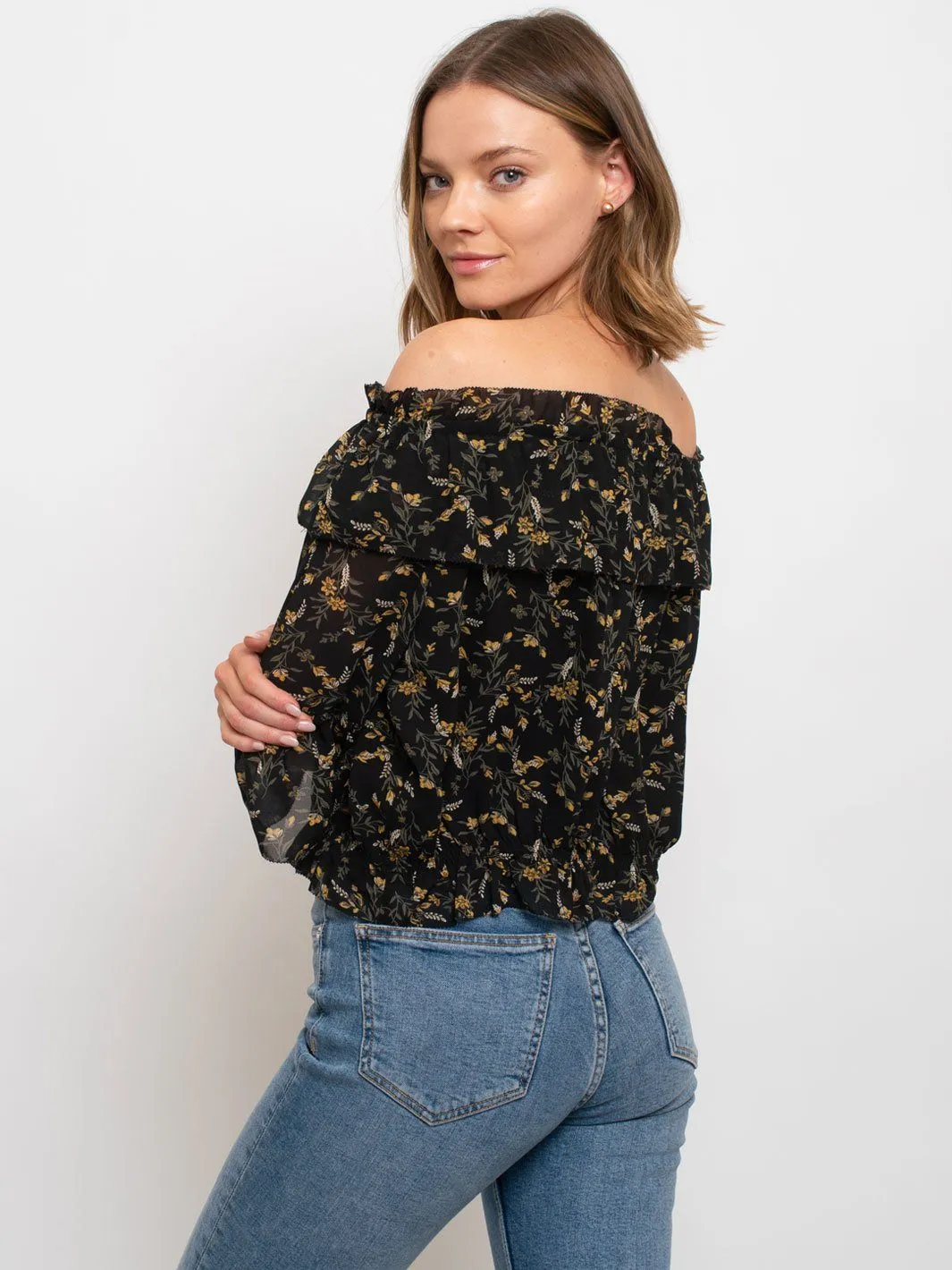 WOMEN'S FLORAL CHIFFON OFF THE SHOULDER CROP TOP