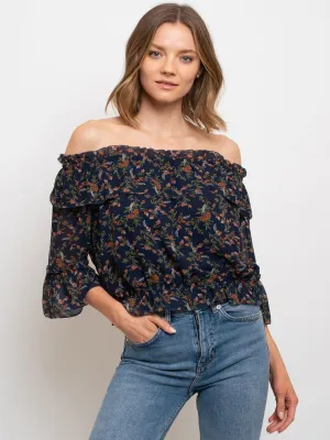WOMEN'S FLORAL CHIFFON OFF THE SHOULDER CROP TOP