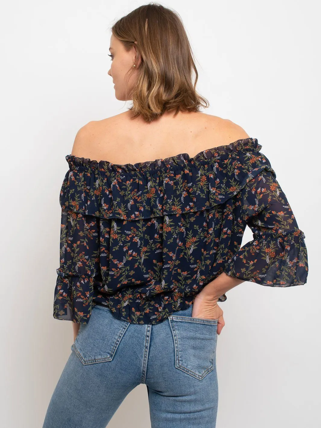 WOMEN'S FLORAL CHIFFON OFF THE SHOULDER CROP TOP