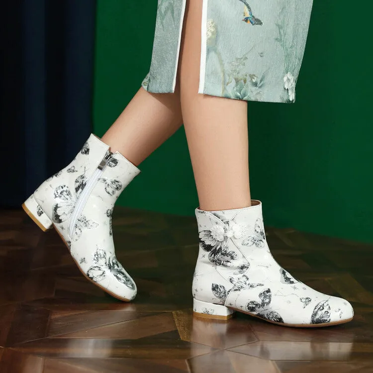 Women's Flowers Printed Bows Round Toe Block Heel Ankle Boots