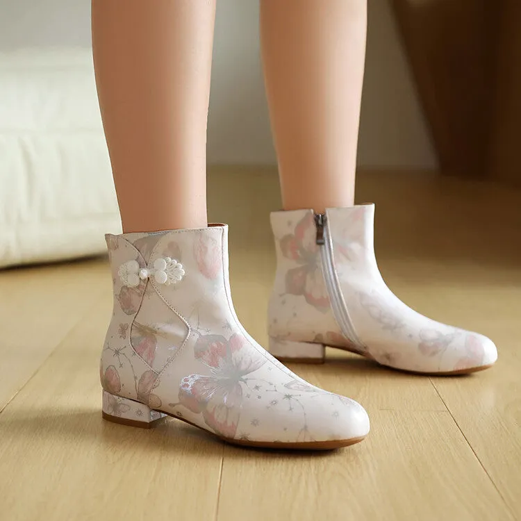 Women's Flowers Printed Bows Round Toe Block Heel Ankle Boots
