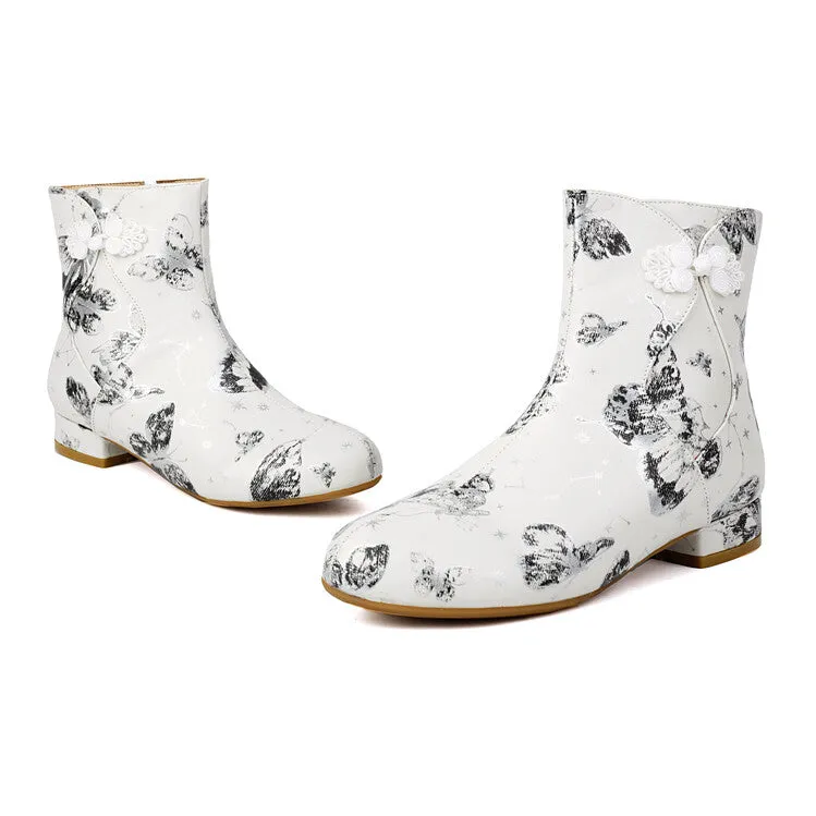 Women's Flowers Printed Bows Round Toe Block Heel Ankle Boots