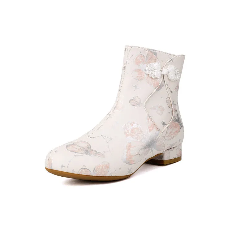 Women's Flowers Printed Bows Round Toe Block Heel Ankle Boots