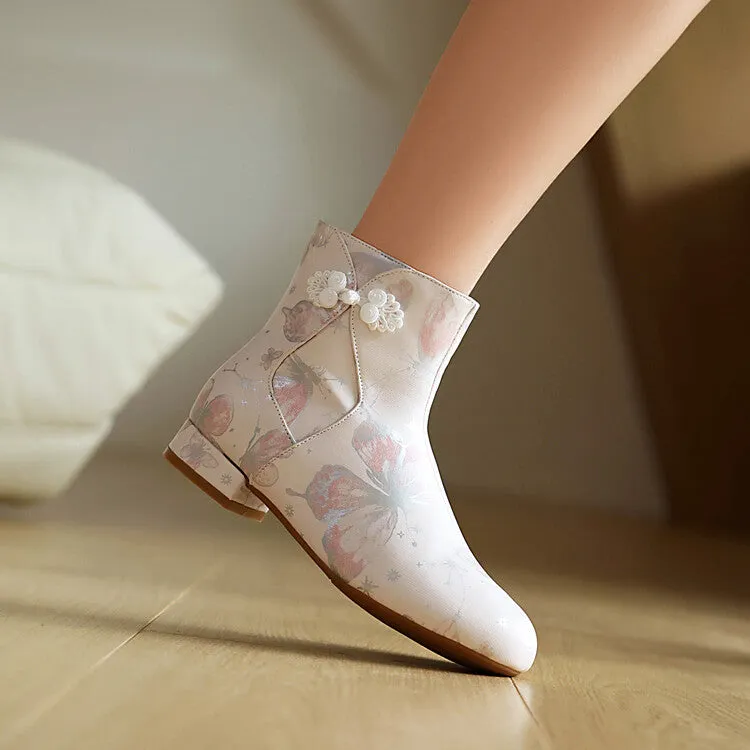 Women's Flowers Printed Bows Round Toe Block Heel Ankle Boots