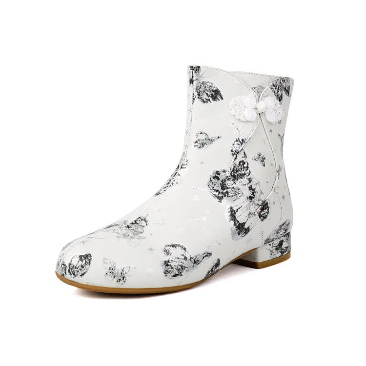 Women's Flowers Printed Bows Round Toe Block Heel Ankle Boots