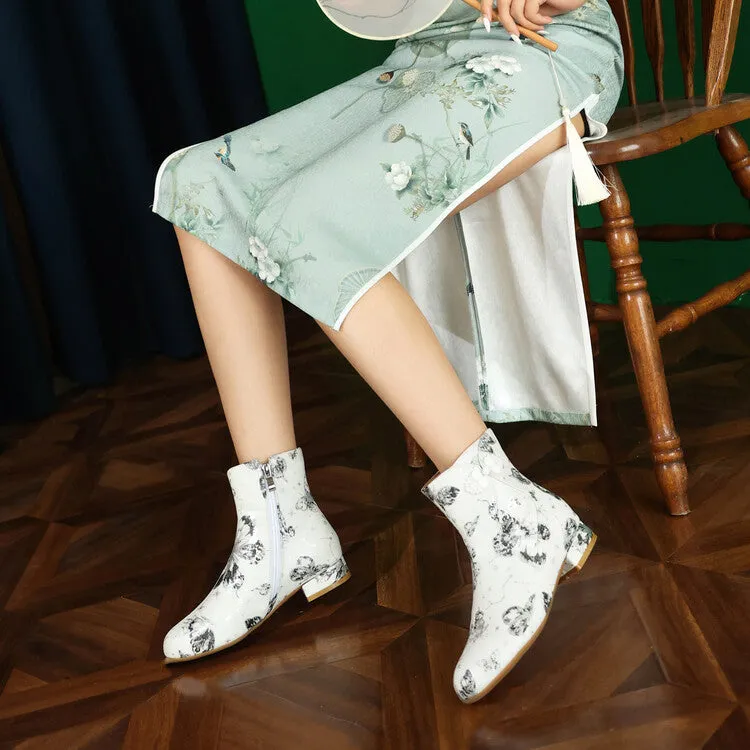 Women's Flowers Printed Bows Round Toe Block Heel Ankle Boots