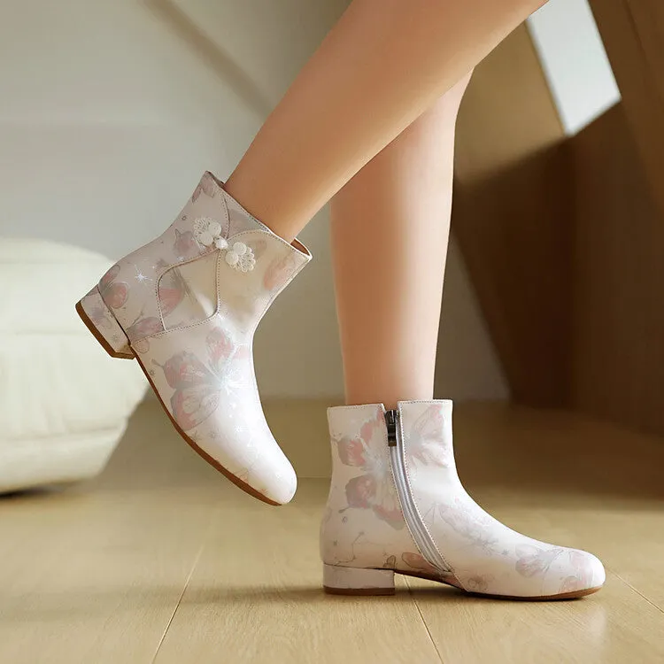 Women's Flowers Printed Bows Round Toe Block Heel Ankle Boots