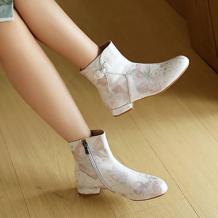 Women's Flowers Printed Bows Round Toe Block Heel Ankle Boots