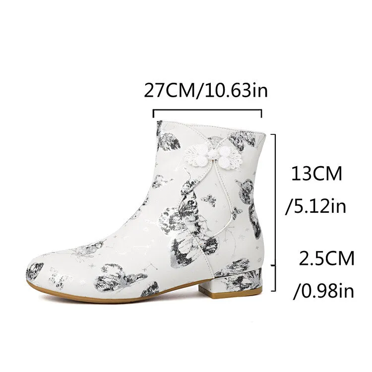 Women's Flowers Printed Bows Round Toe Block Heel Ankle Boots