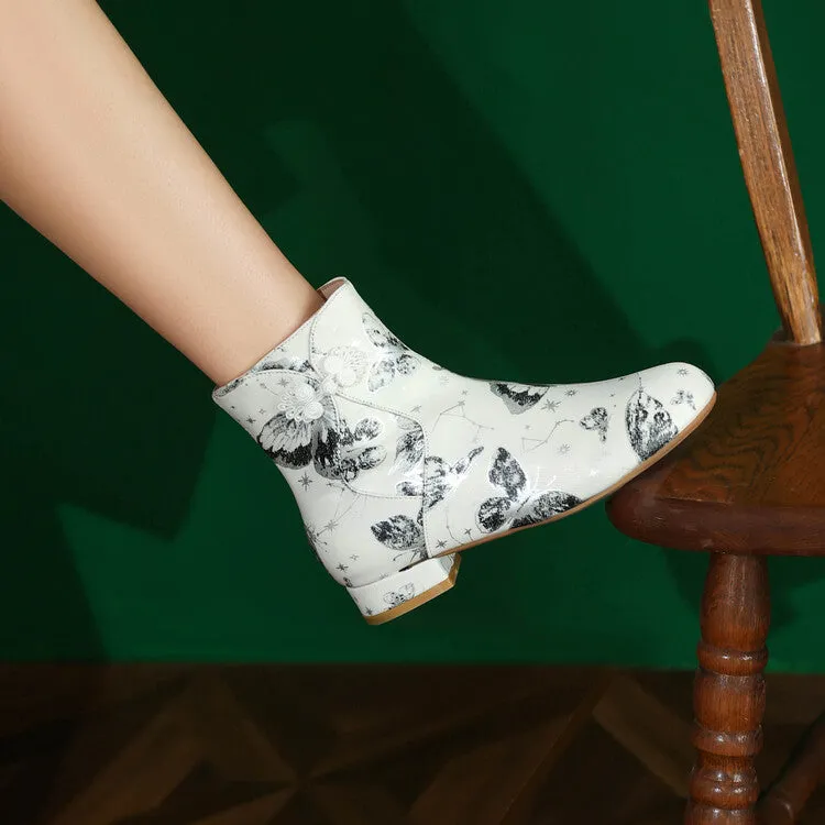 Women's Flowers Printed Bows Round Toe Block Heel Ankle Boots