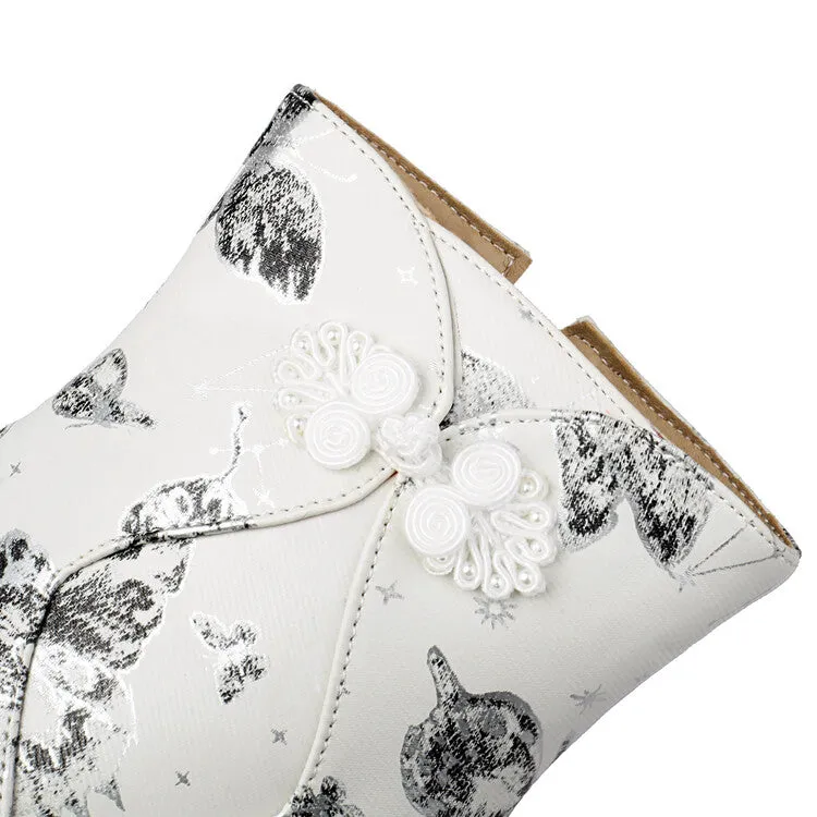 Women's Flowers Printed Bows Round Toe Block Heel Ankle Boots