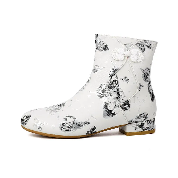 Women's Flowers Printed Bows Round Toe Block Heel Ankle Boots