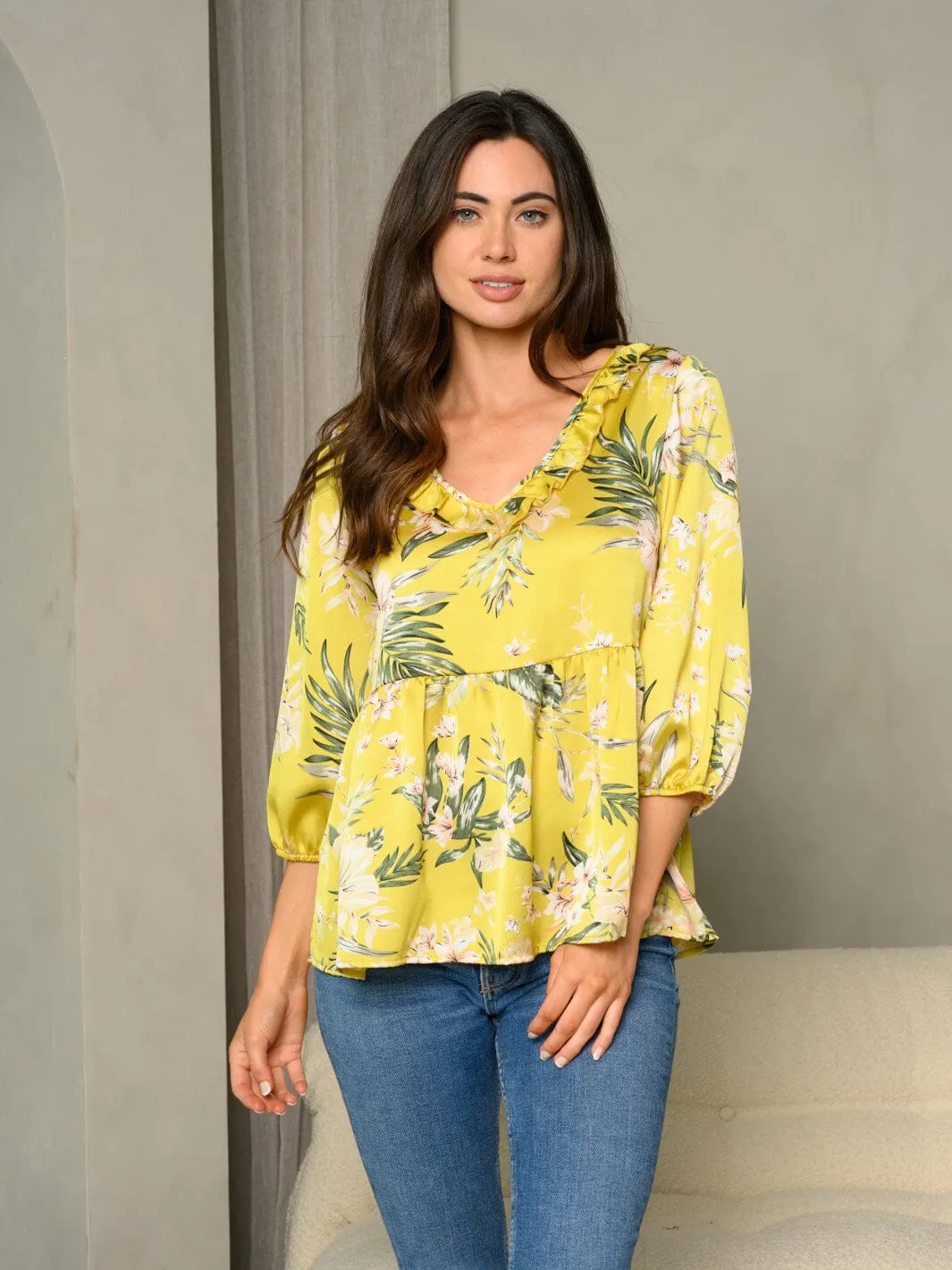 WOMEN'S FRILL V-NECK FLORAL PRINT BUBBLE 3/4 SLEEVE BABYDOLL TOP