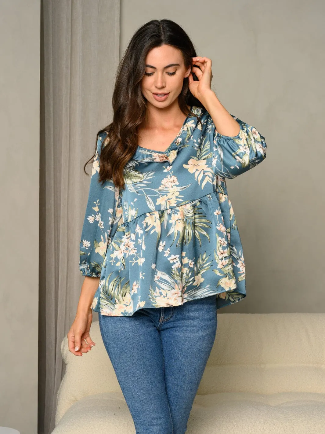 WOMEN'S FRILL V-NECK FLORAL PRINT BUBBLE 3/4 SLEEVE BABYDOLL TOP
