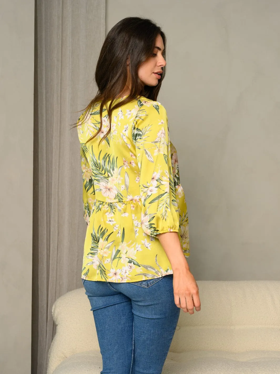 WOMEN'S FRILL V-NECK FLORAL PRINT BUBBLE 3/4 SLEEVE BABYDOLL TOP