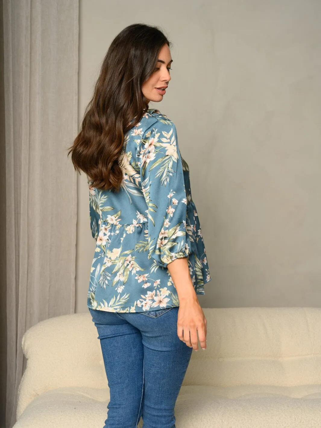 WOMEN'S FRILL V-NECK FLORAL PRINT BUBBLE 3/4 SLEEVE BABYDOLL TOP