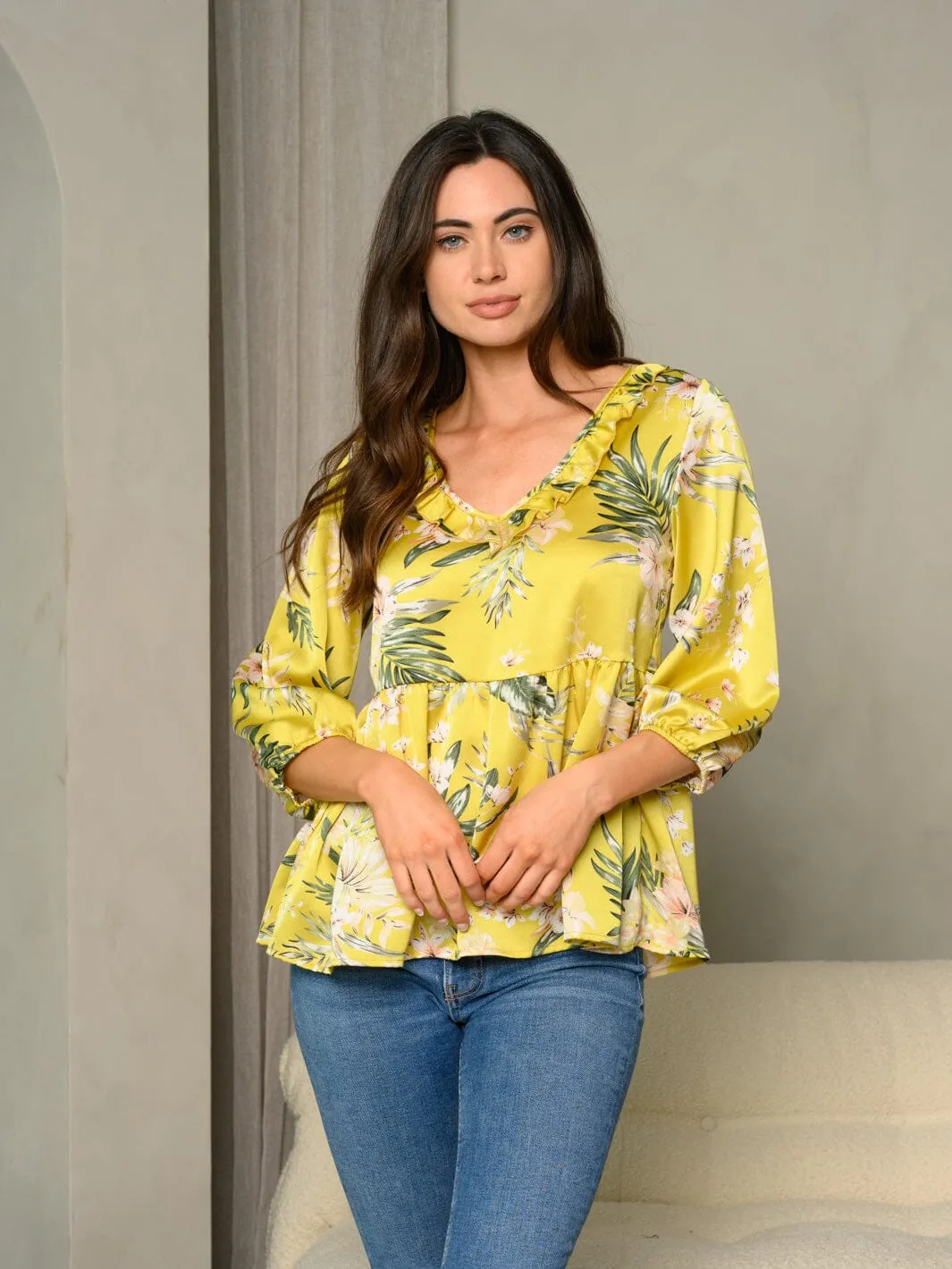 WOMEN'S FRILL V-NECK FLORAL PRINT BUBBLE 3/4 SLEEVE BABYDOLL TOP