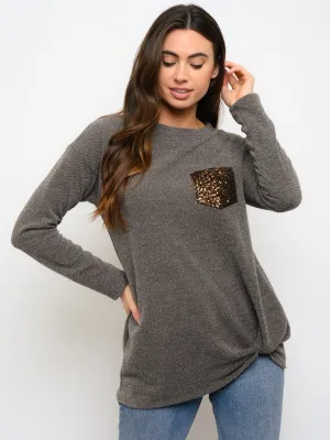 WOMEN'S FRONT KNOT SEQUIN POCKET LONG SLEEVE TOP