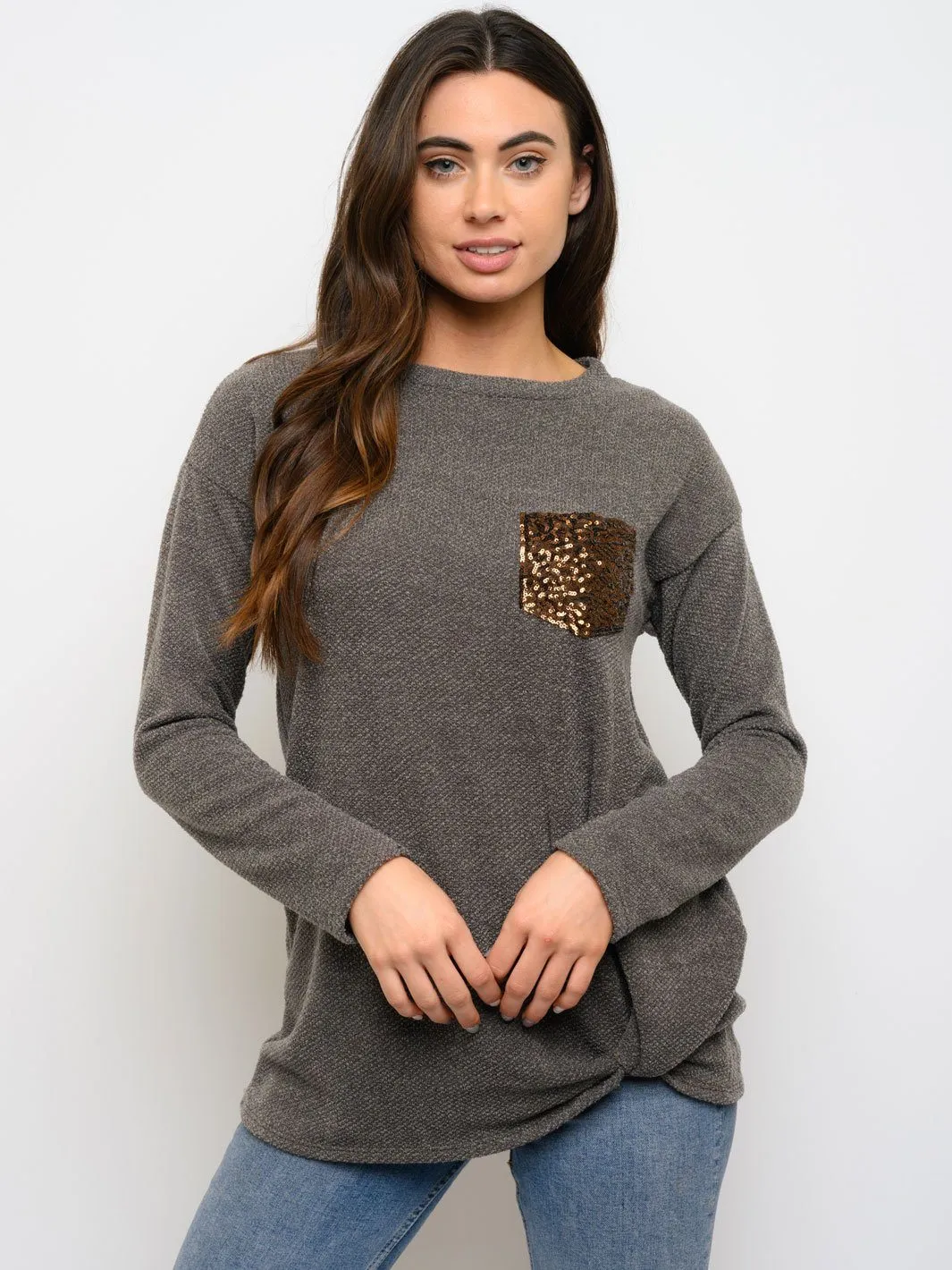 WOMEN'S FRONT KNOT SEQUIN POCKET LONG SLEEVE TOP