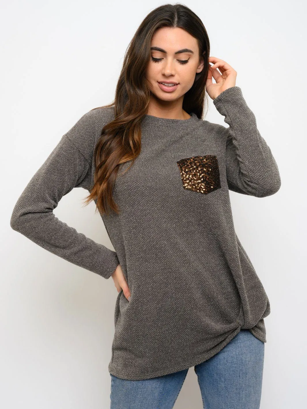WOMEN'S FRONT KNOT SEQUIN POCKET LONG SLEEVE TOP