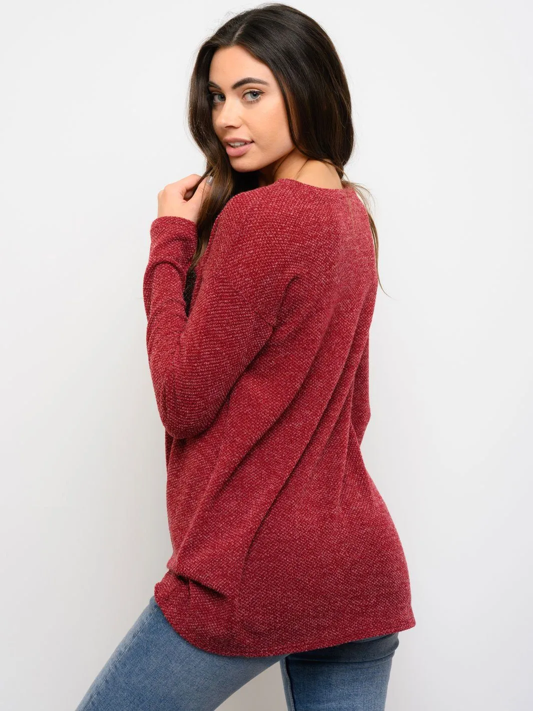 WOMEN'S FRONT KNOT SEQUIN POCKET LONG SLEEVE TOP