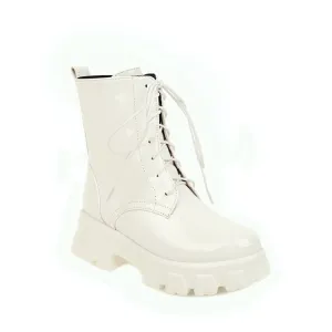 Women's Glossy Round Toe Lace-Up Side Zippers Block Chunky Heel Platform Short Boots
