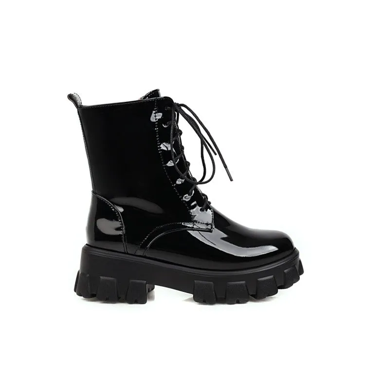 Women's Glossy Round Toe Lace-Up Side Zippers Block Chunky Heel Platform Short Boots