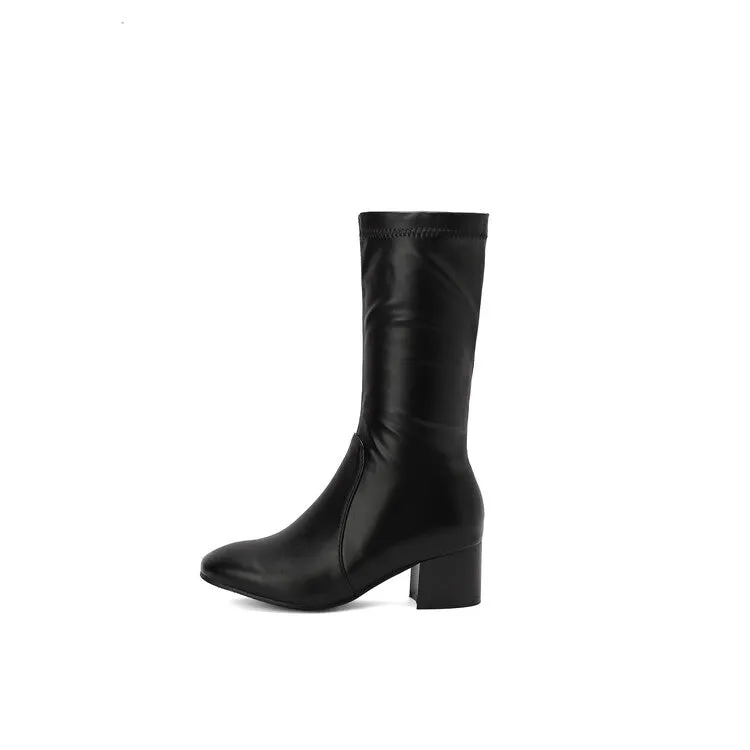 Women's Glossy Square Toe Block Heel Mid Calf Boots