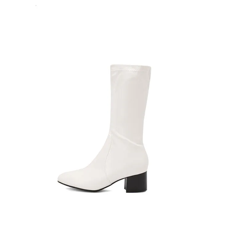 Women's Glossy Square Toe Block Heel Mid Calf Boots