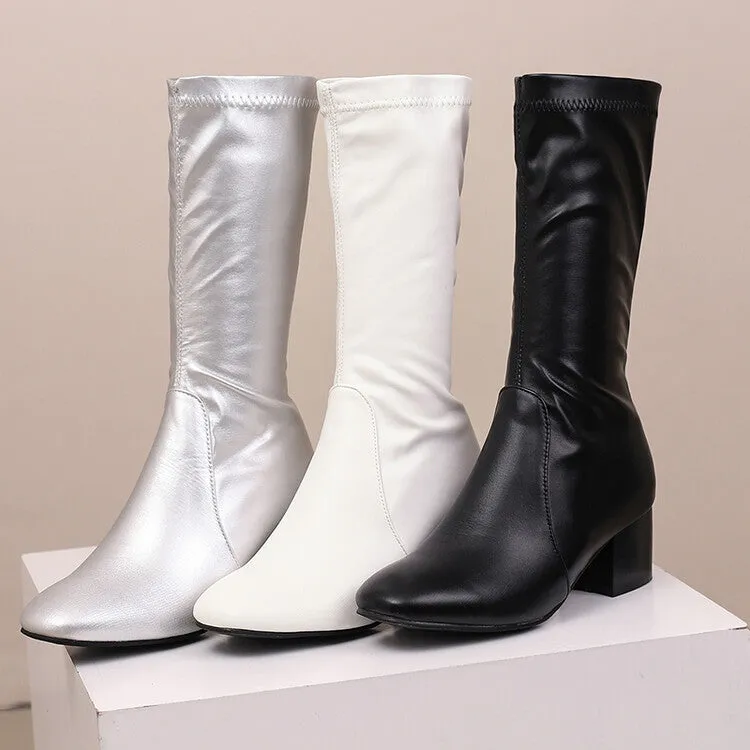 Women's Glossy Square Toe Block Heel Mid Calf Boots
