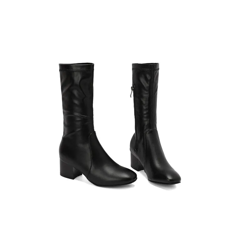 Women's Glossy Square Toe Block Heel Mid Calf Boots