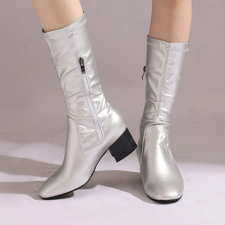 Women's Glossy Square Toe Block Heel Mid Calf Boots