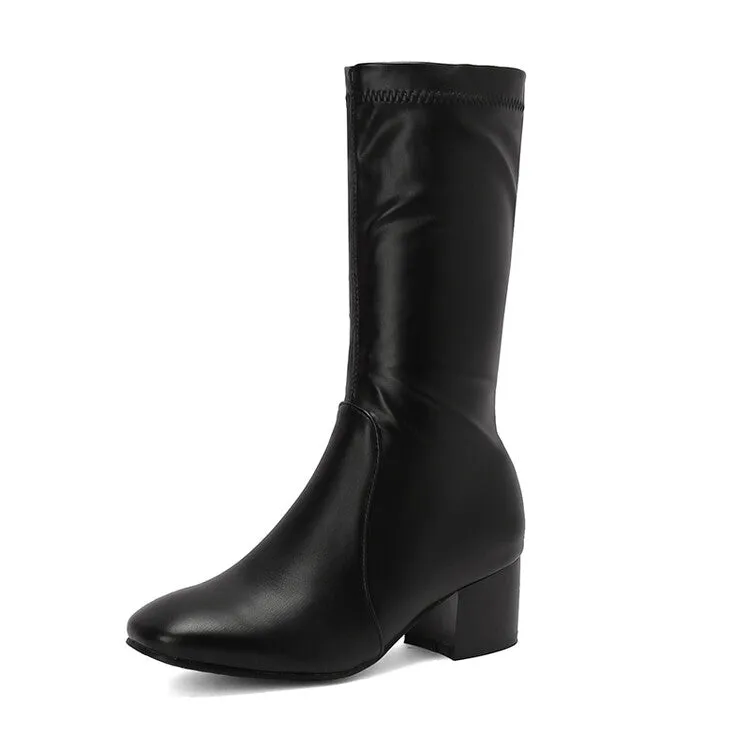 Women's Glossy Square Toe Block Heel Mid Calf Boots