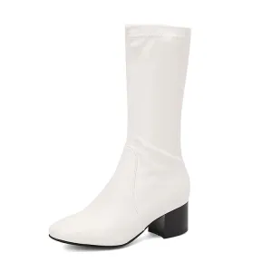 Women's Glossy Square Toe Block Heel Mid Calf Boots