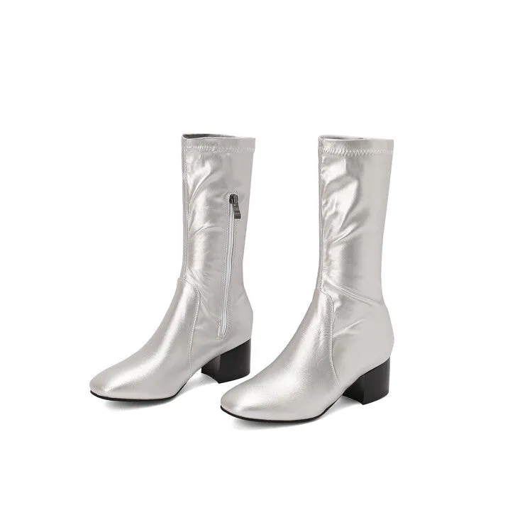 Women's Glossy Square Toe Block Heel Mid Calf Boots